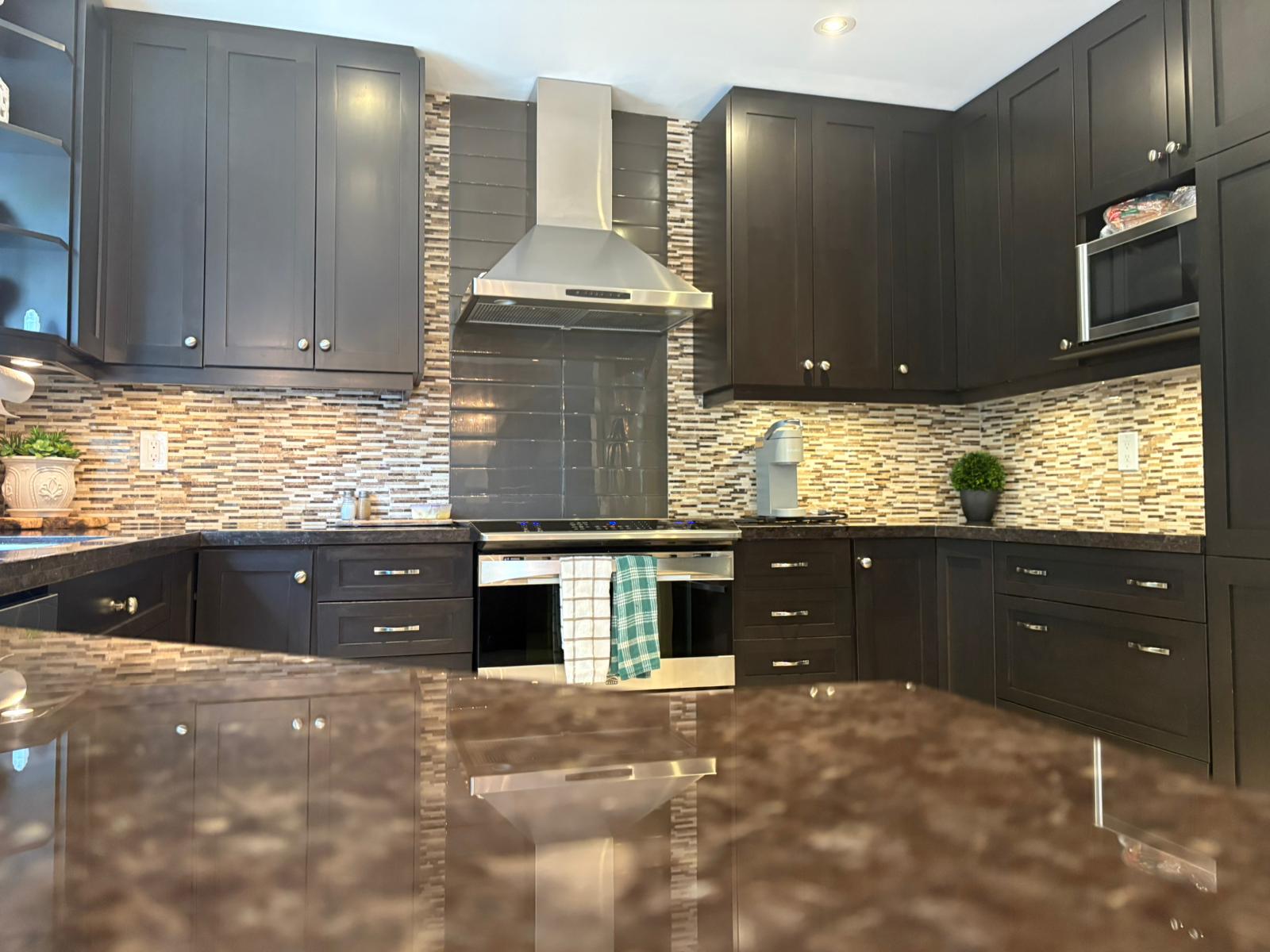 Gleaming dark kitchen surfaces after deep clean